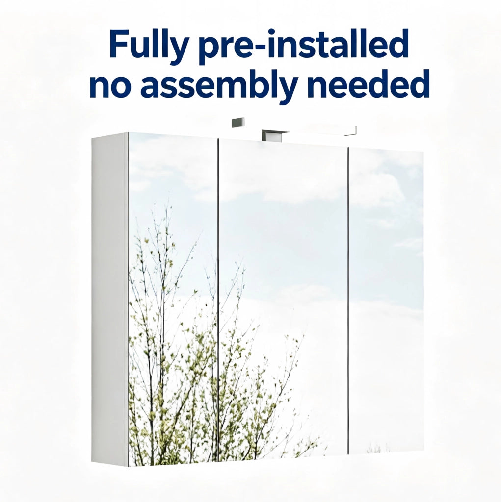Mobile specchio bianco da 80 cm a parete con 3 ante, illuminazione LED e presa francese integrata