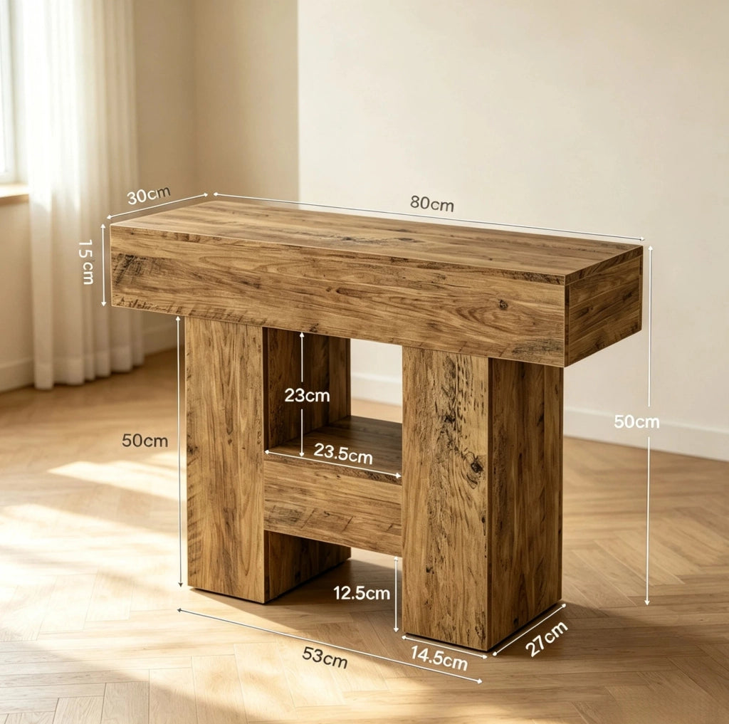 Tavolino stretto multifunzione in MDF con doppio ripiano, per soggiorno e camera da letto, colore naturale