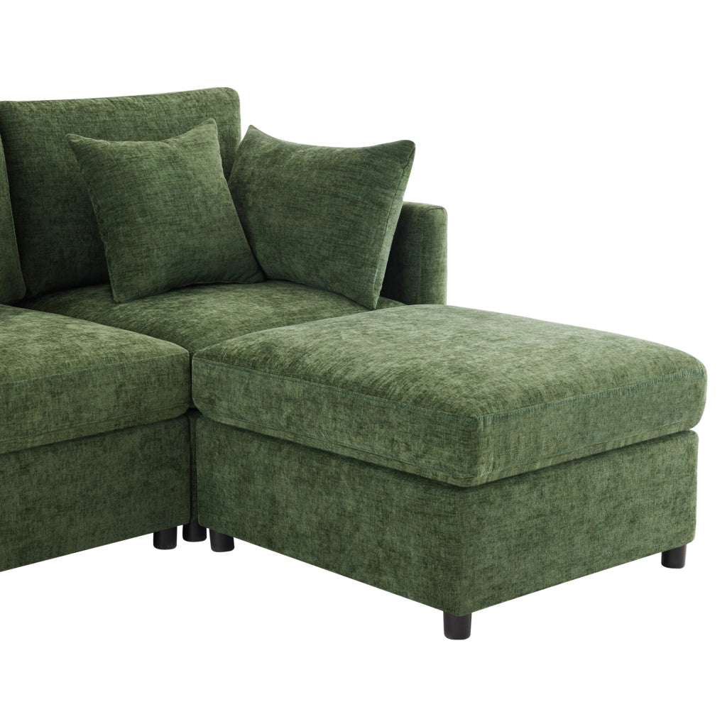 Divano angolare modulare a L con chaise longue e 4 cuscini in tessuto Chenille, 3 posti, colore verde, ideale per soggiorno e ufficio