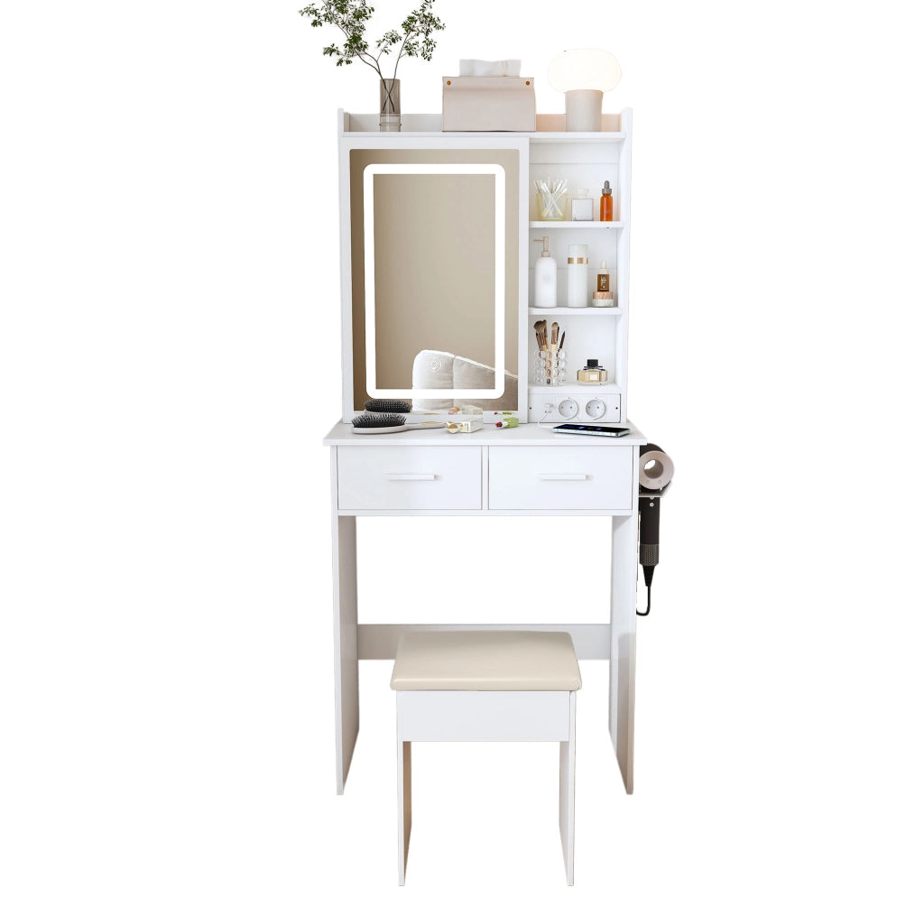 Toeletta con specchio LED regolabile; prese e USB; 2 cassetti e sgabello imbottito; MDF bianco