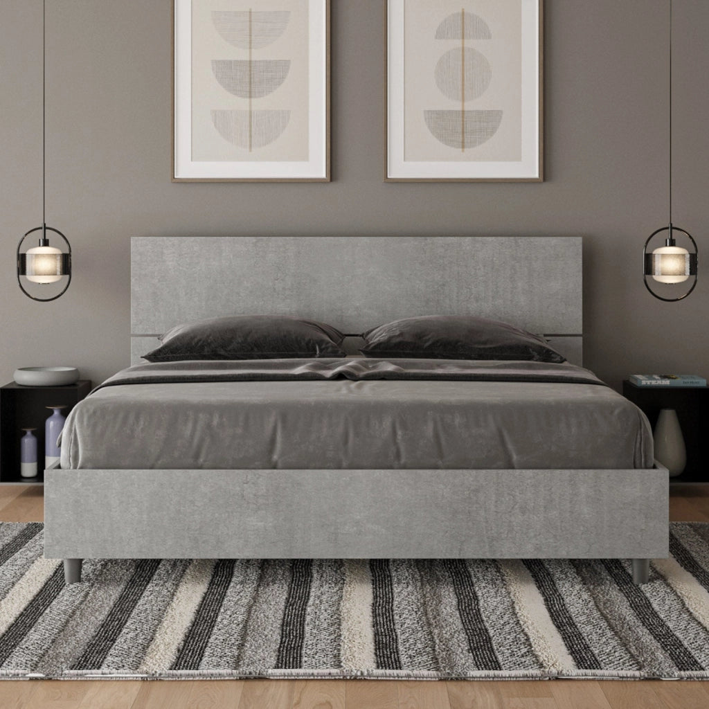 Letto Matrimoniale 160x190 cm con Rete e Contenitore Testata Inclinata Demas Cemento