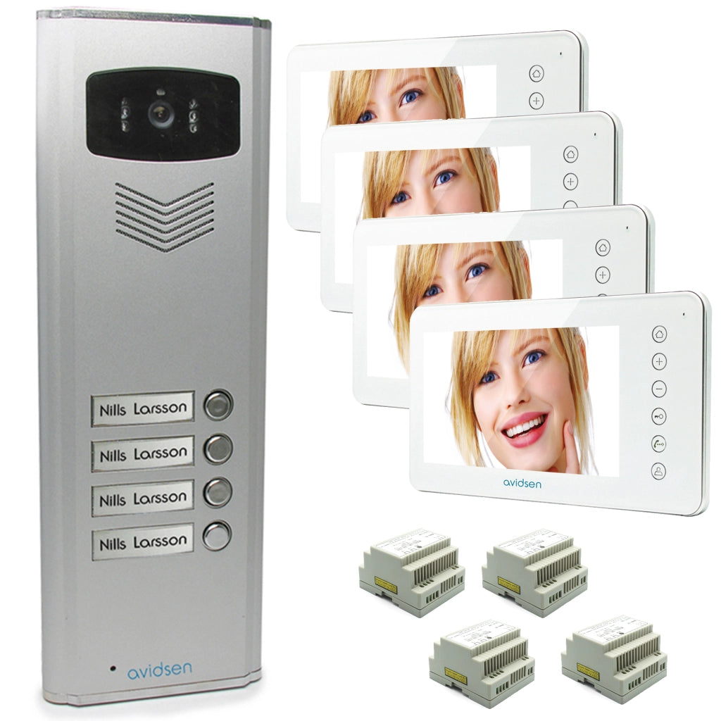 Kit Videocitofono 4 Appartamenti Nordström Avidsen – Pulsantiera Esterna con Telecamera + 4 Monitor Touch 7” + Alimentatori DIN 15V