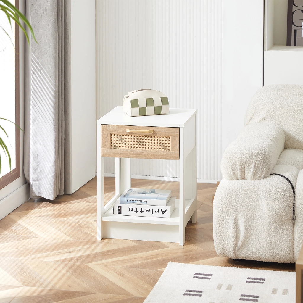 Comodino in MDF effetto rattan con cassetto, mobile versatile per camera da letto e soggiorno, bianco e naturale