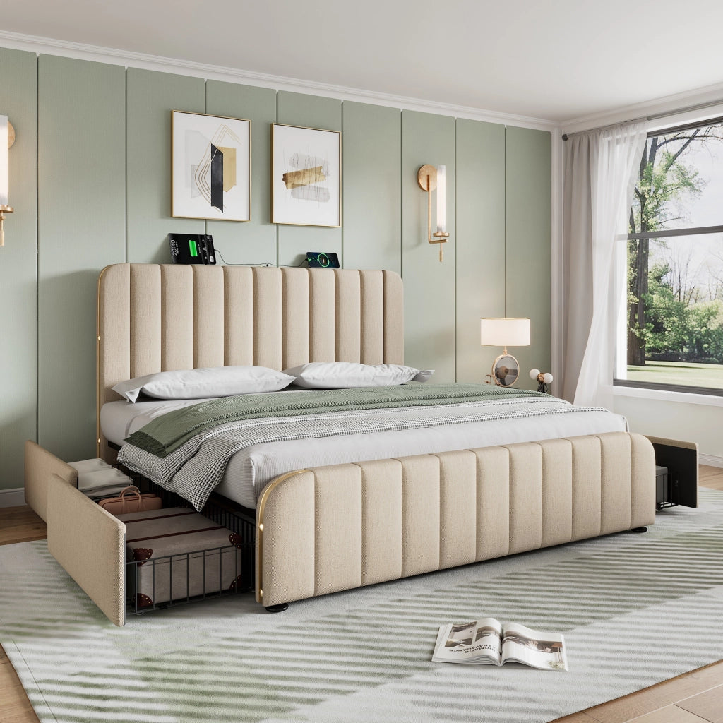Letto matrimoniale imbottito 180 × 200 cm in lino beige con materasso a molle insacchettate e quattro cassetti