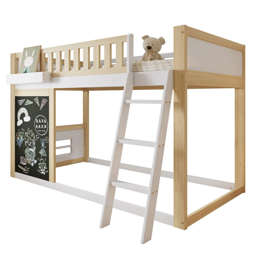 Letto a Soppalco per Bambini con Cassetti e Lavagnetta ¨C Xylo ¨C Pino e MDF, Bianco/Naturale, 90x200cm