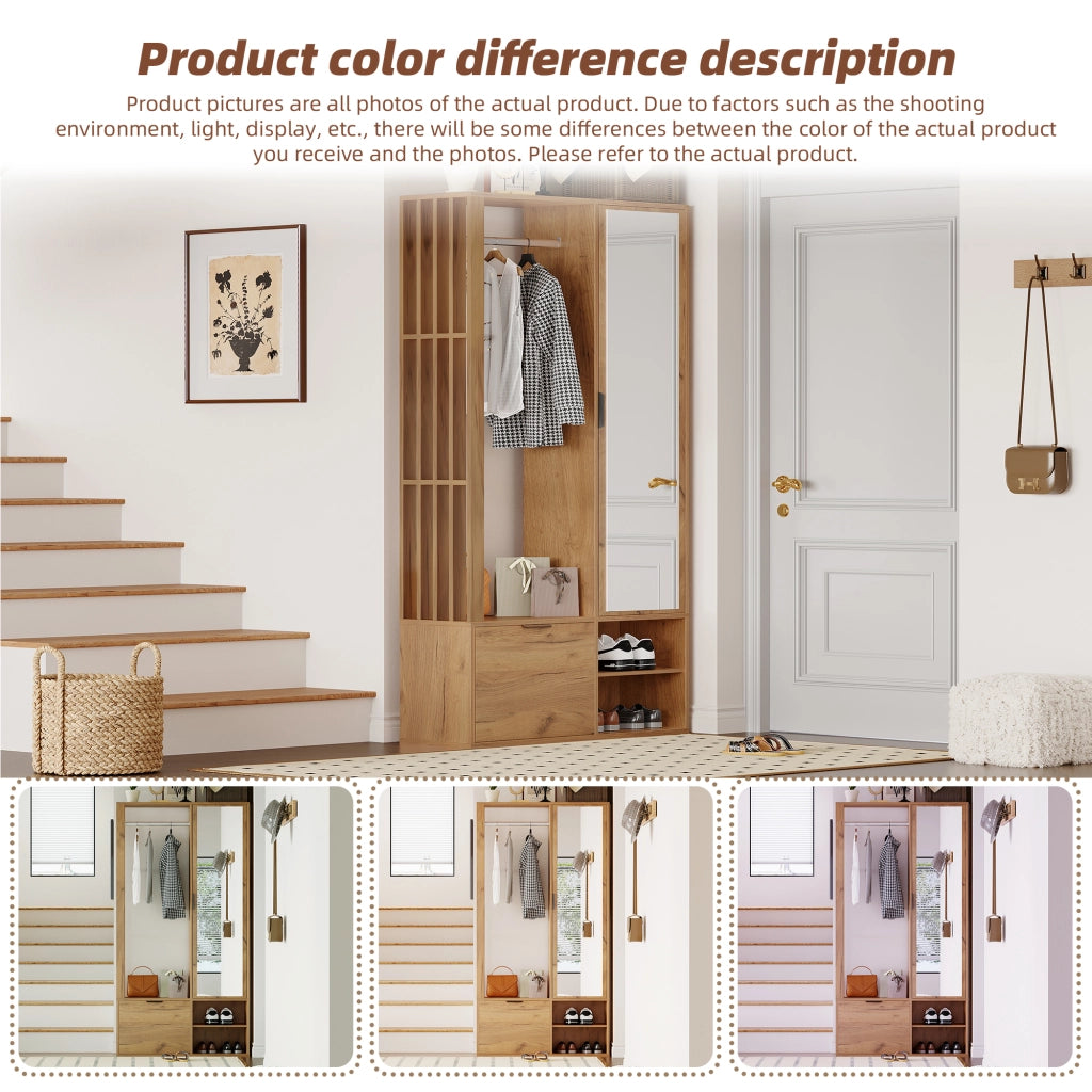 Mobile da ingresso con specchio, 2 armadietti, appendiabiti aperto e 9 vani, in truciolare naturale, 100 × 33 × 190 cm
