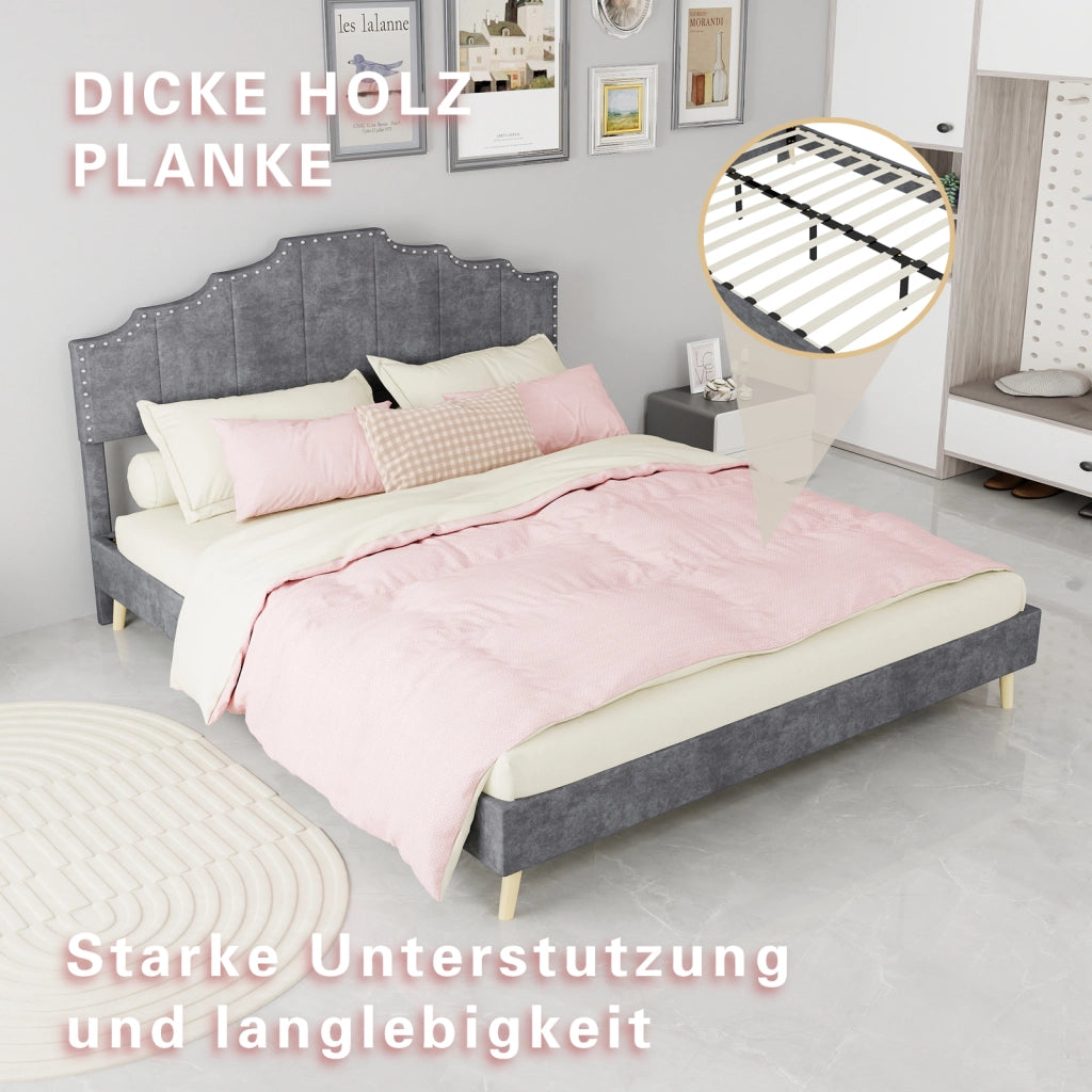 Letto con testiera geometrica per materasso 160 × 200 cm in tessuto grigio con rete a doghe
