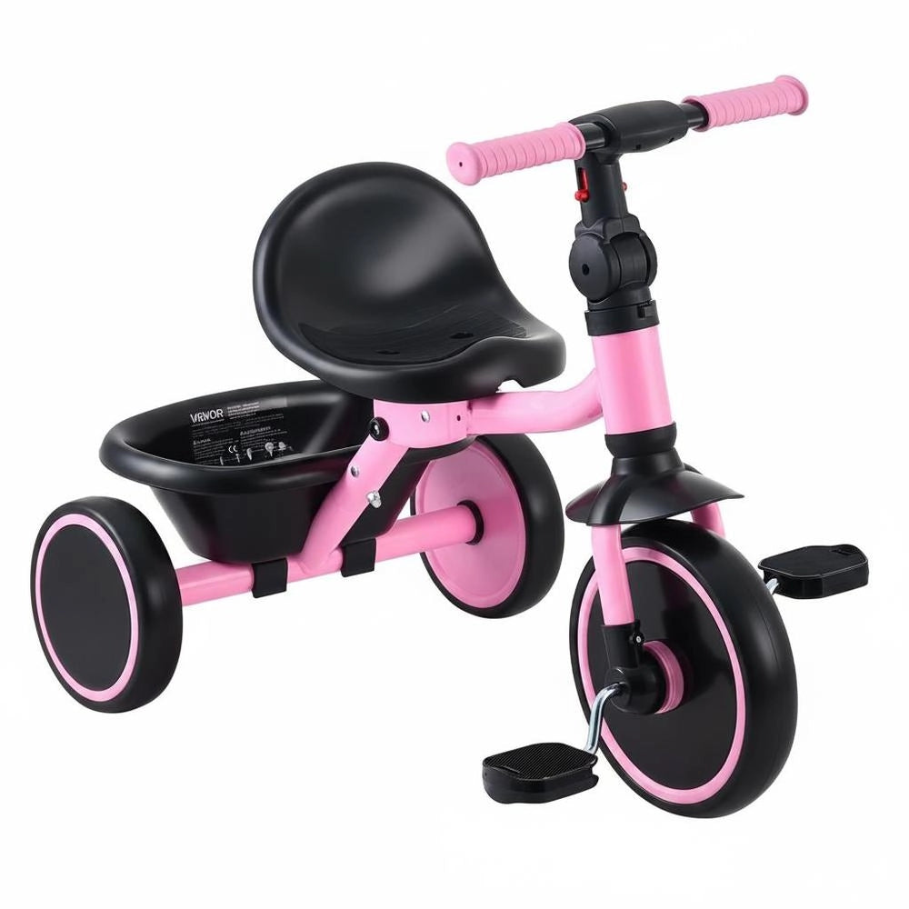 Triciclo Bambini 2-5 Anni Sedile Regolabile Cestino Posteriore Acciaio Carbonio Manubrio Ruote EVA Rosa Nero