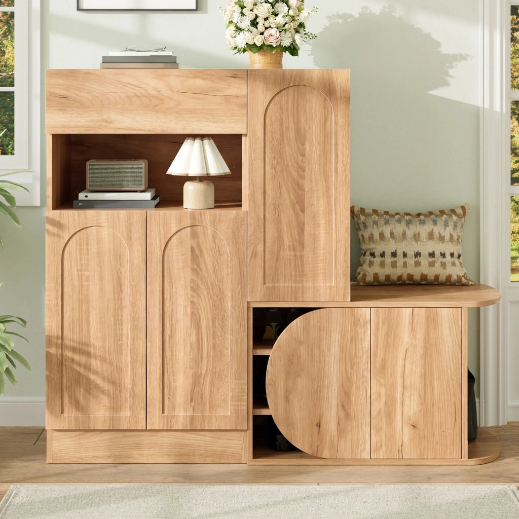 Scarpiera moderna con panca, 1 cassetto, 5 ante e ripiano aperto, grande capacità per ingresso, colore naturale, 130 × 35 × 110,5 cm