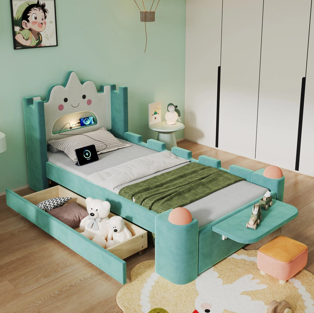 Letto imbottito per bambini 90x200 cm con LED, USB e cassetto