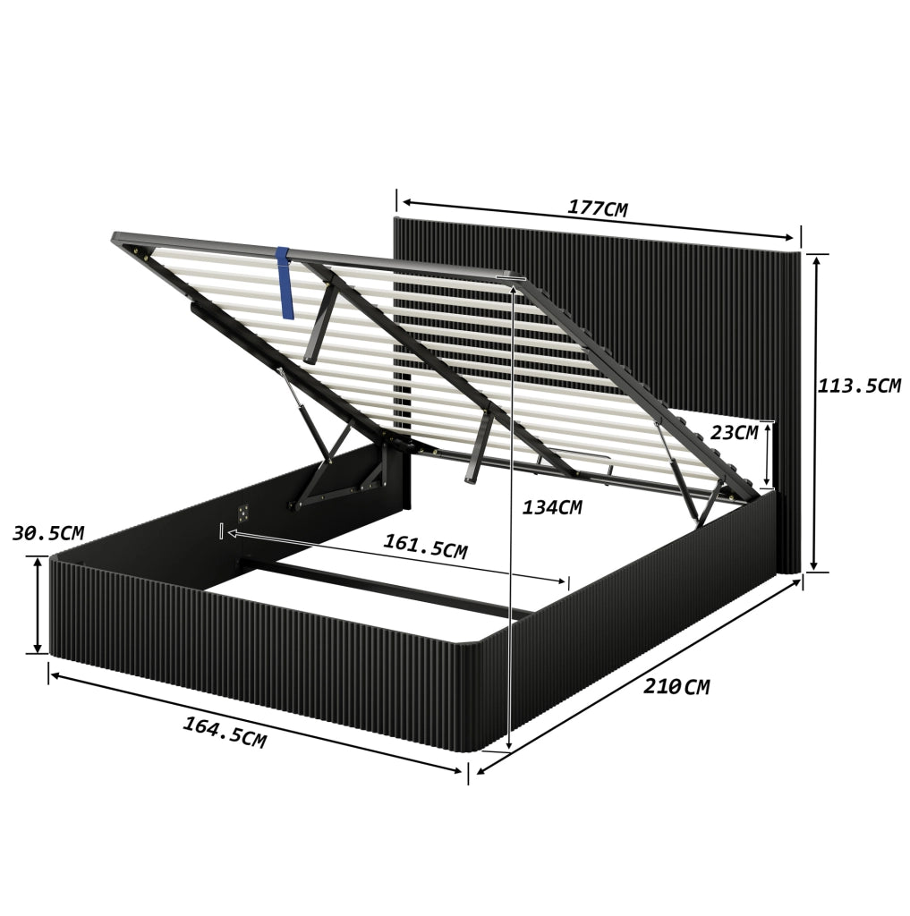 Letto con contenitore e sistema idraulico 160x200 cm, struttura in acciaio e doghe in legno massello, finitura nera lucida