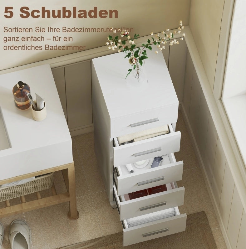 Mobiletto Bagno Slim con 5 Cassetti, 30 x 30 x 95 cm, Bianco