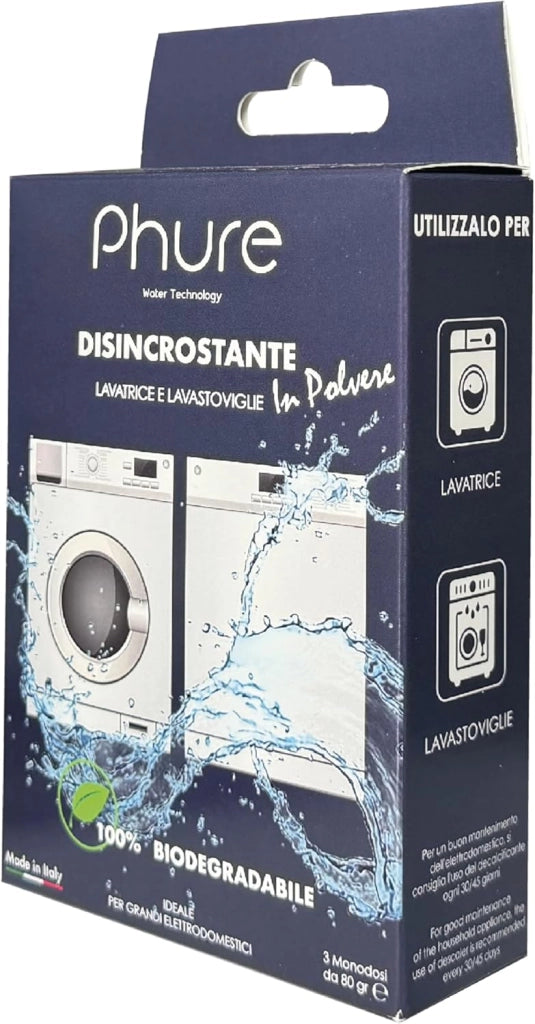 PHURE Decalcificante in Polvere Monodose Detergente Anticalcare per Lavatrice, Lavastoviglie e grandi elettrodomestici, compatibile con tutte le marche, 100% Biodegradabile, Ecologico Made in Italy