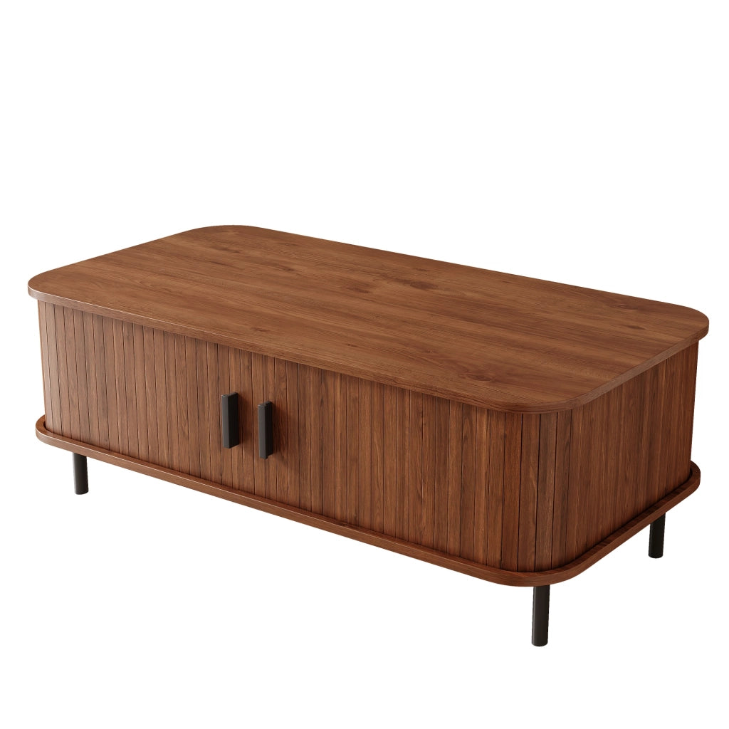 Tavolino da salotto con 2 ante scorrevoli e vano contenitore a lamelle, per soggiorno, noce, 100 × 50 × 45 cm