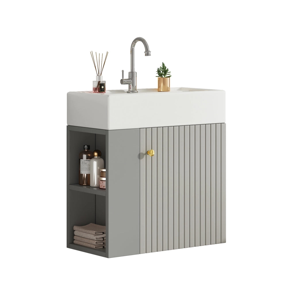 Mobile bagno compatto con lavabo in ceramica grigio e bianco