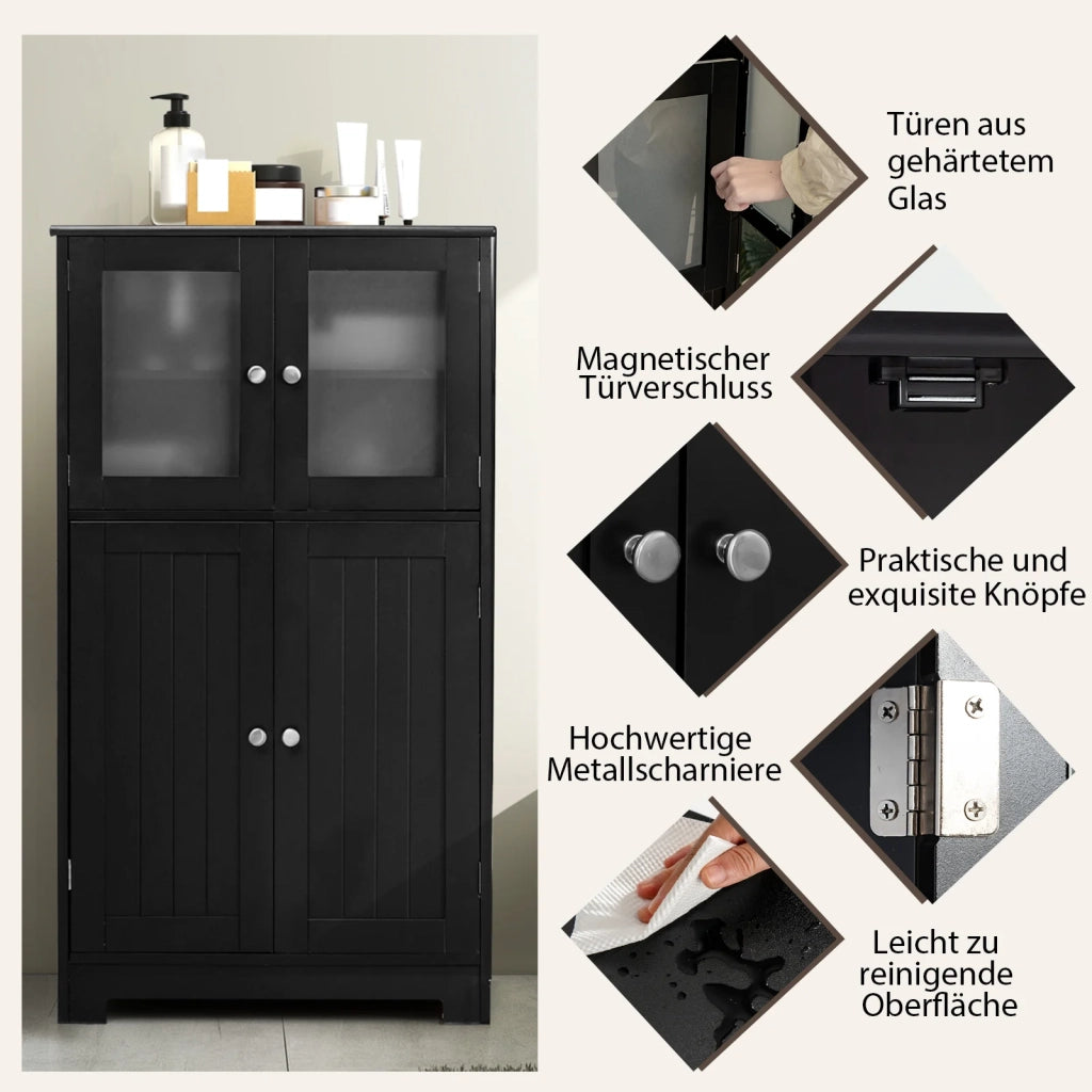 Mobile Alto da Bagno a Colonna in Legno MDF e Vetro Nero con Ante e Ripiano Regolabile Salvaspazio per Casa