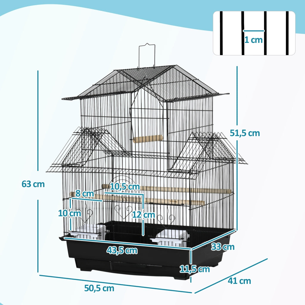 Gabbia per Uccelli in Acciaio con Vassoio Estraibile e 2 Mangiatoie ¨C Minimal ¨C 50.5x41x63 cm Nero