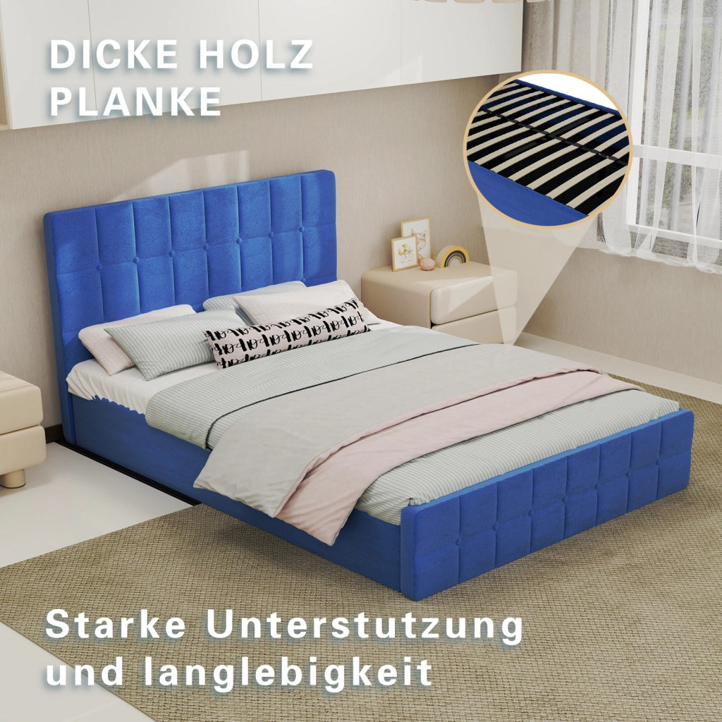 Letto imbottito per materasso 140 × 200 cm con testiera integrata rivestito in velluto blu navy