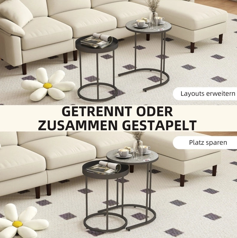 Set di 2 tavolini da salotto impilabili in MDF e metallo grigio, design con bordo alzato
