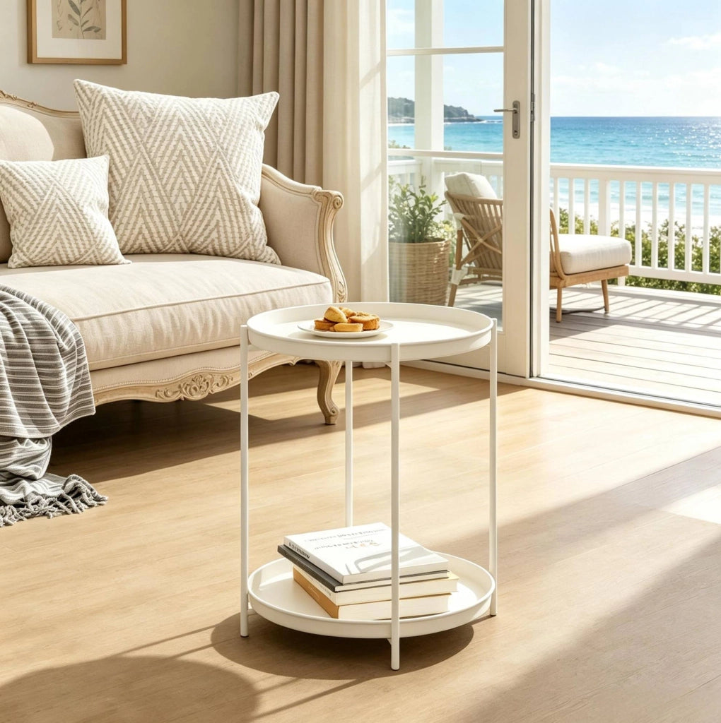 Tavolino rotondo da salotto Ø 44 cm con 2 ripiani rimovibili in metallo bianco crema HOMVRA