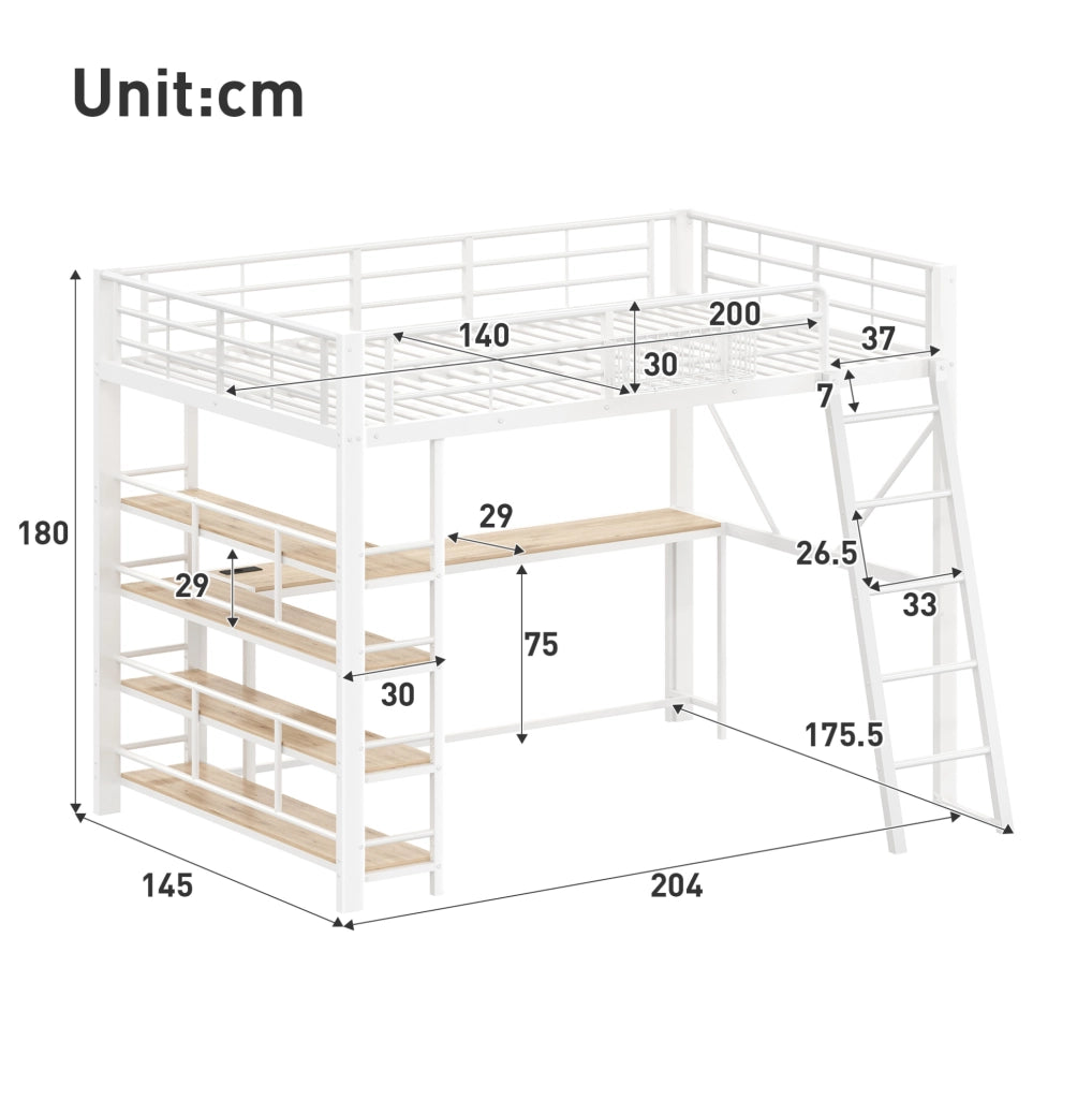 Letto a soppalco 140x200 cm in metallo bianco con scrivania, scaffale, LED e ricarica