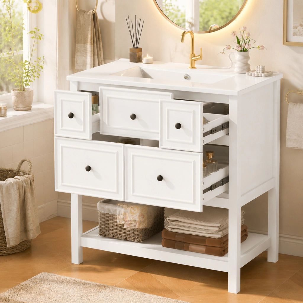 Mobiletto con lavabo a terra in ceramica e MDF con 5 cassetti vani aperti e troppo pieno bianco 76 × 46.5 × 82 cm