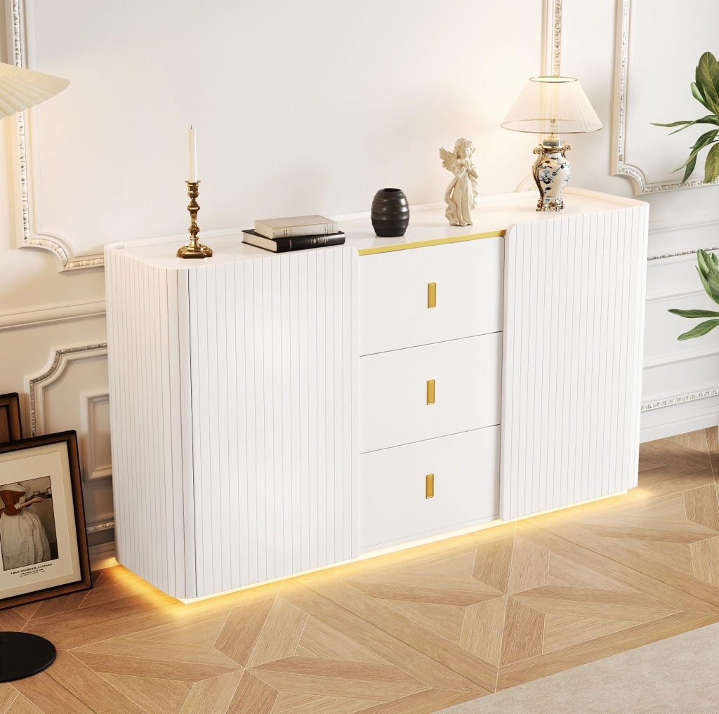 Sideboard bianco multifunzionale LED 150x35x80 cm con 2 ante e 3 cassetti