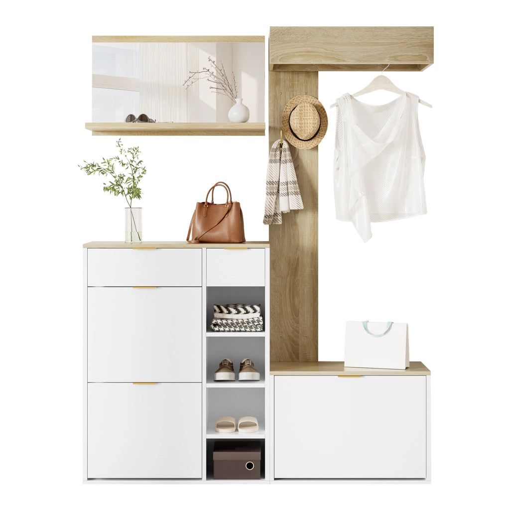 Set guardaroba da ingresso 4 pezzi con scarpiera; panca e specchio; 130 ¡Á 30 ¡Á 174 cm; bianco/naturale