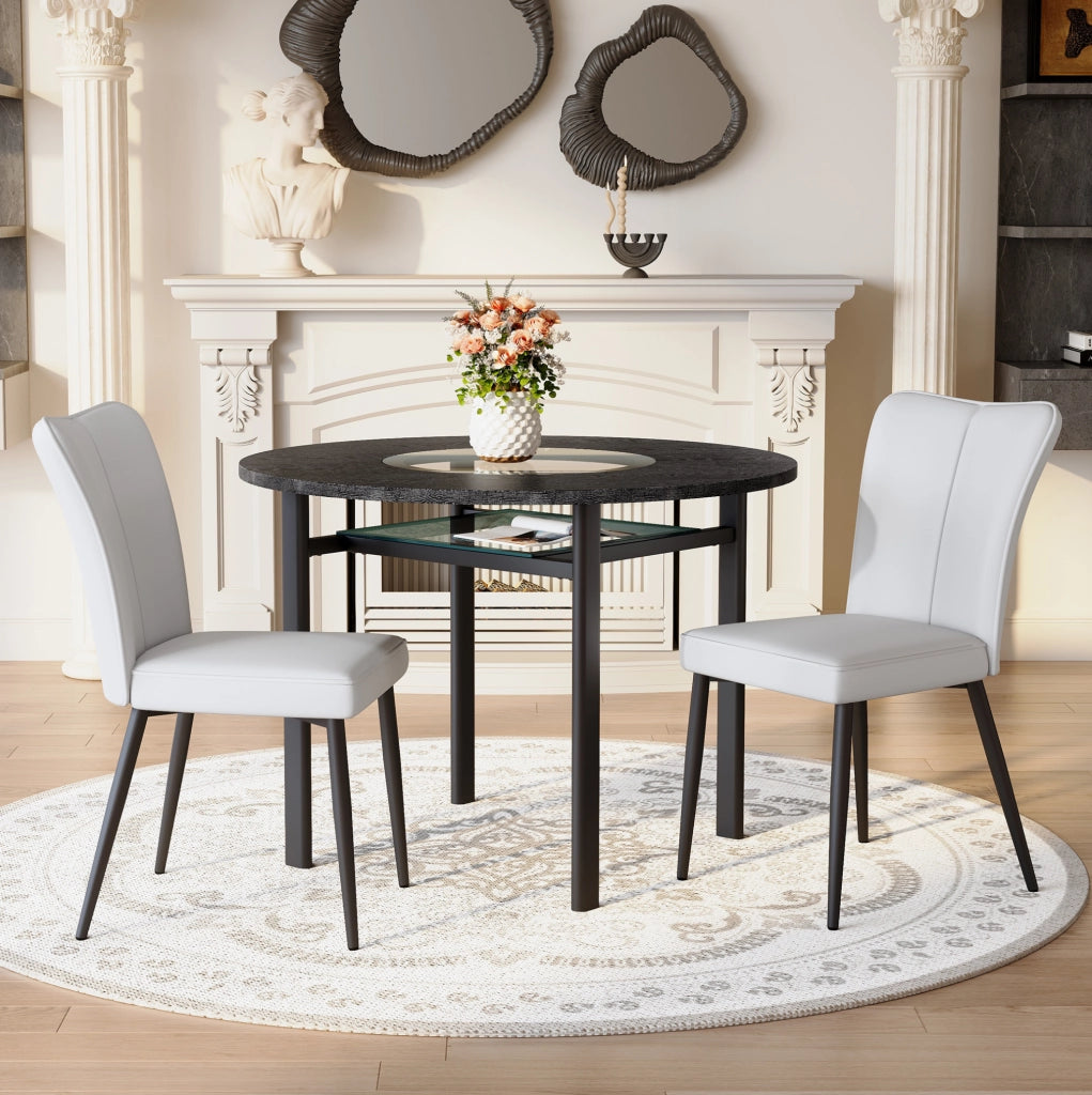 Set tavolo rotondo 100 cm nero MDF e vetro; 2 sedie grigio chiaro
