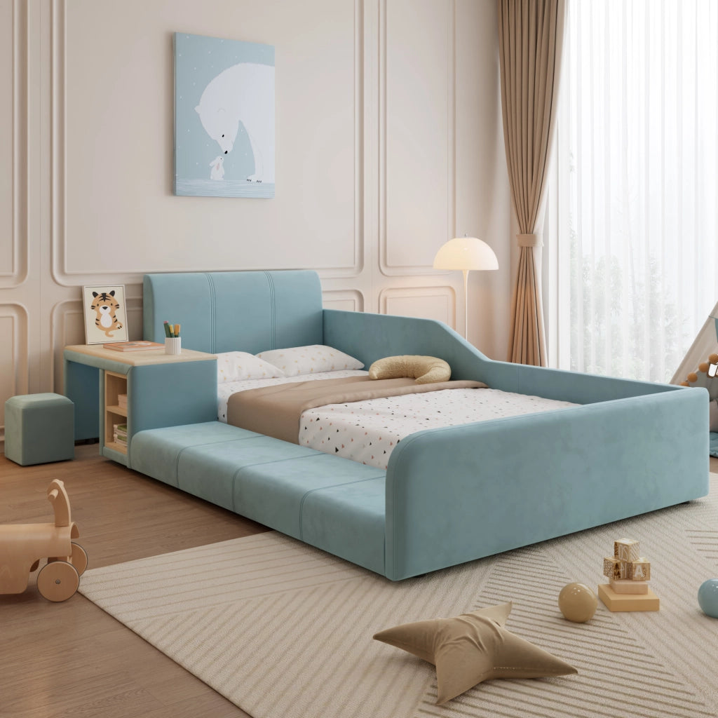 Letto Singolo con Scrivania e Pouf in Velluto Blu 90x200 cm