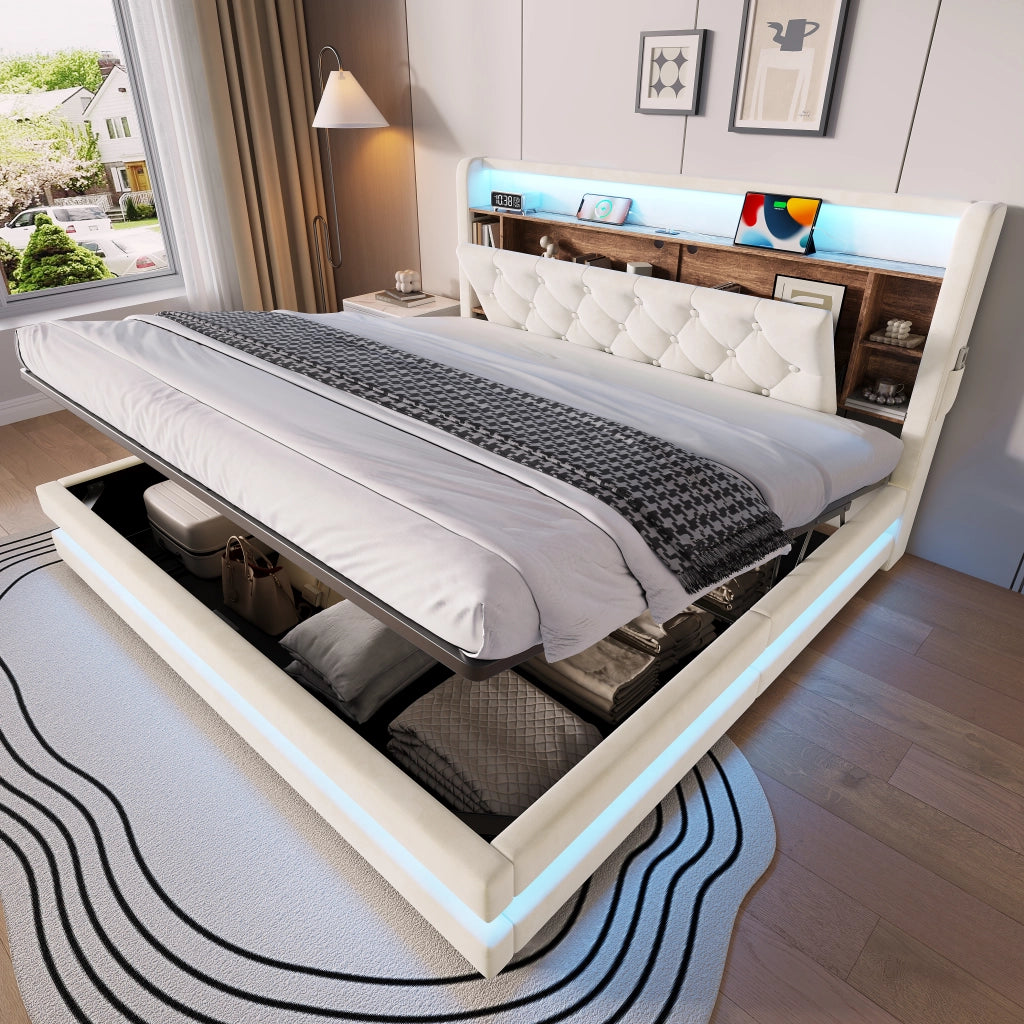Letto contenitore 180 × 200 cm con testiera multifunzione LED USB e Type-C rivestito in velluto beige