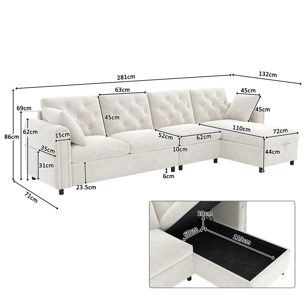 Divano letto modulare angolare con contenitore in poliestere beige configurabile a sinistra o destra 281 × 132 × 86 cm