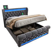 Letto contenitore matrimoniale 140×190 cm con LED; USB e porta Type-C; senza materasso; velluto grigio