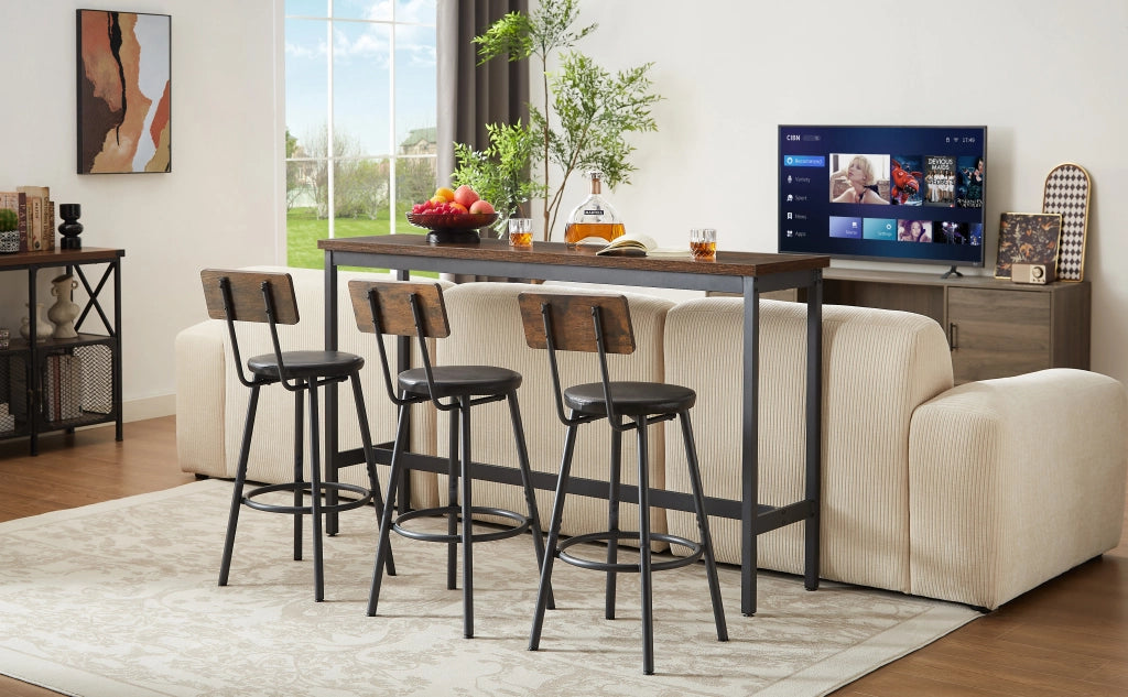 Set bar industriale con tavolo alto e 3 sgabelli imbottiti, colore rustico marrone e nero