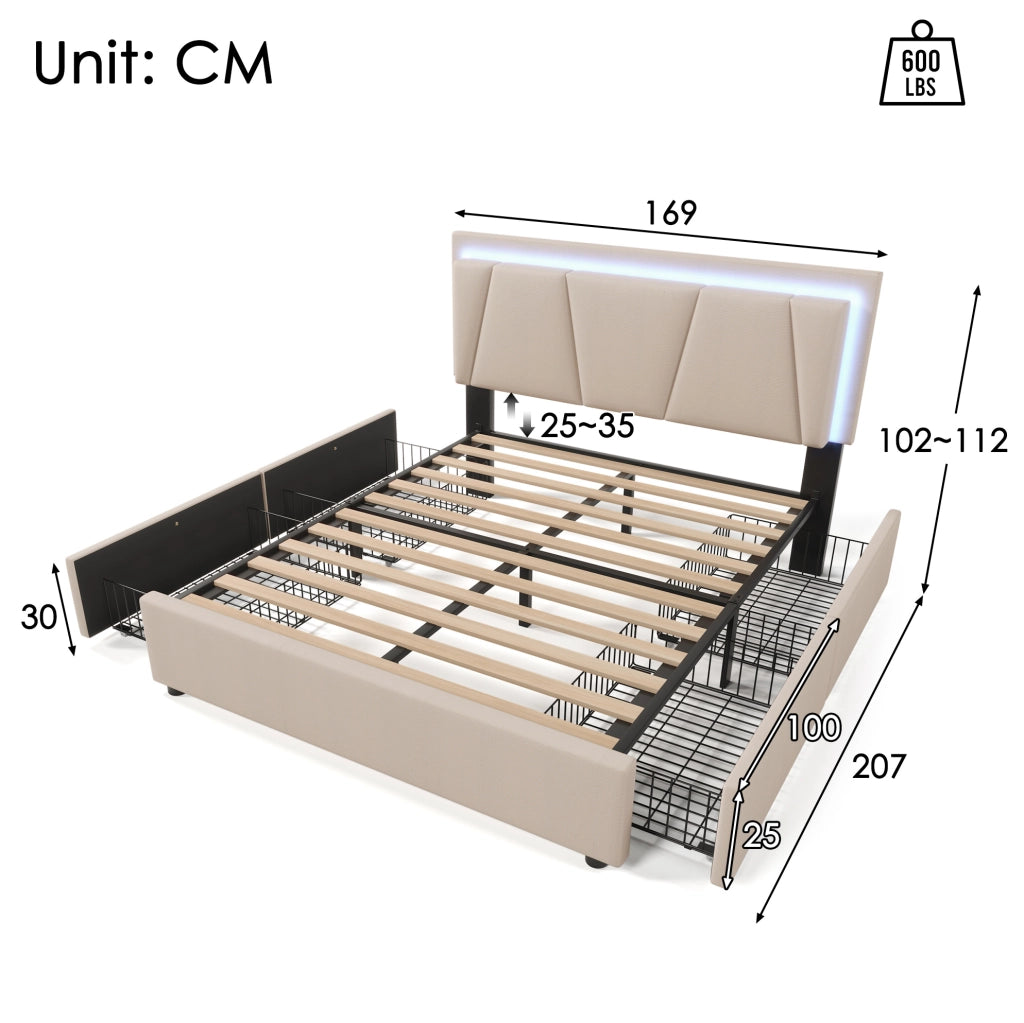 Letto 160x200 cm con LED, 4 cassetti e testiera regolabile in lino beige