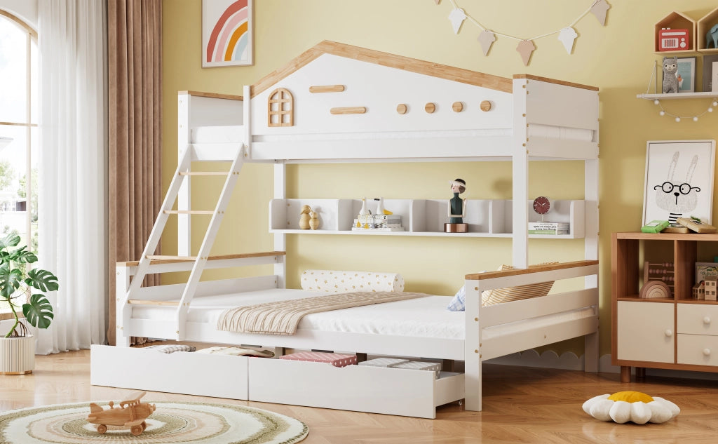 Letto a castello per bambini in pino e MDF bianco e naturale con due cassetti; finestrella e scaletta; 90x200 e 140x200 cm