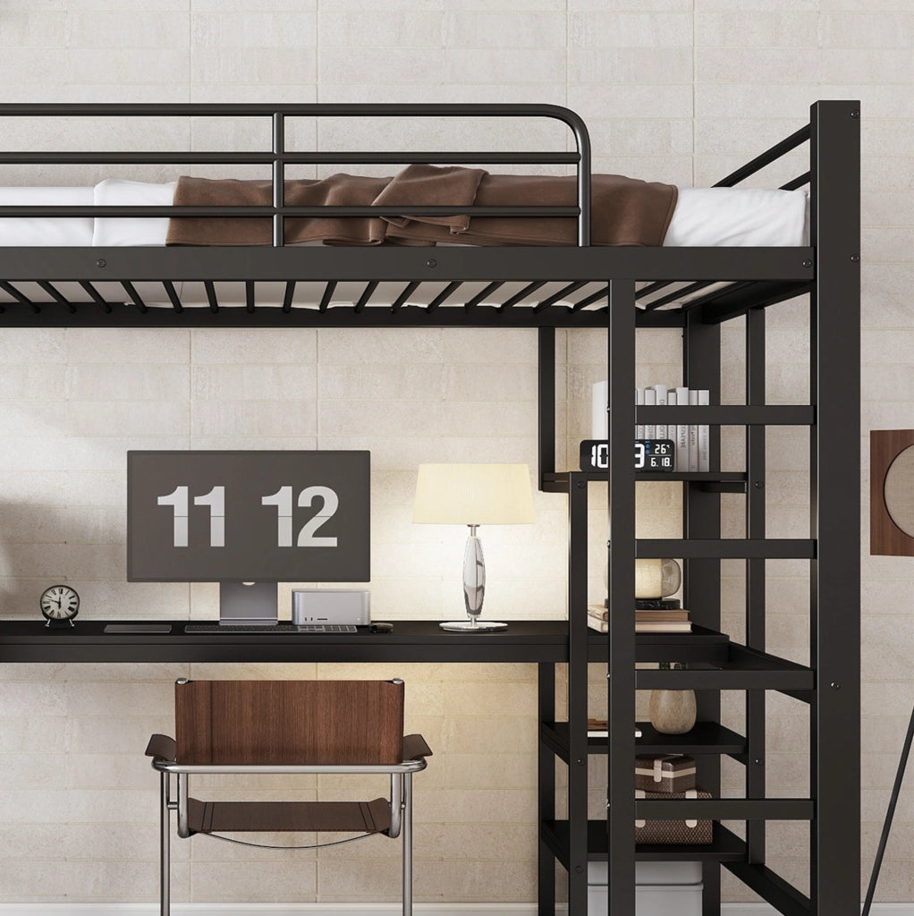 Letto a soppalco nero 90 x 200 cm con scrivania e armadio