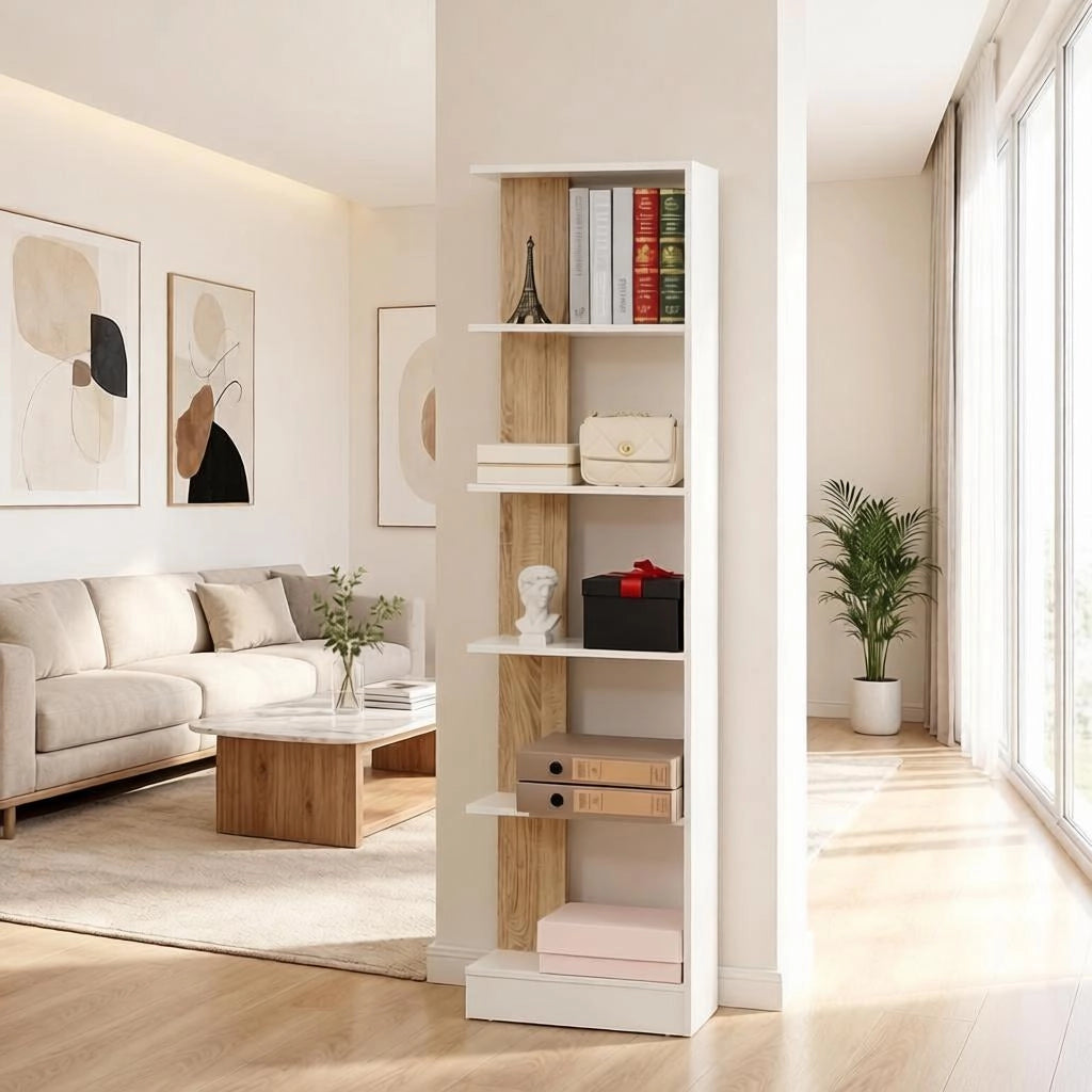 Libreria 45x21x170 cm con 5 vani aperti in truciolare bianco e rovere