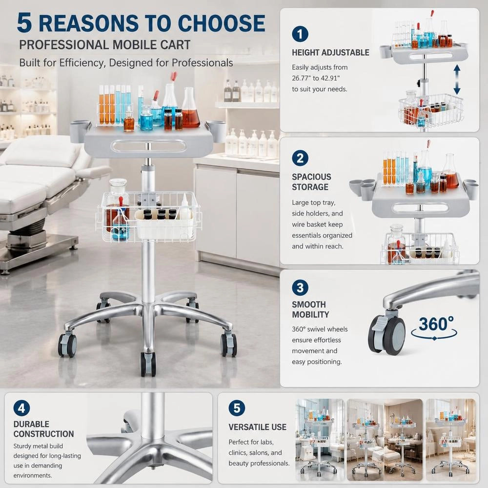 Medical Trolley, Salon Trolley With Wheels, Mobile Rolling Trolley 68-109 Cm Height Adjustable, Metal Salon Stations For Hairdressers, Rolling Desktop Laboratory Trolley For Clinic, Beauty And Salon