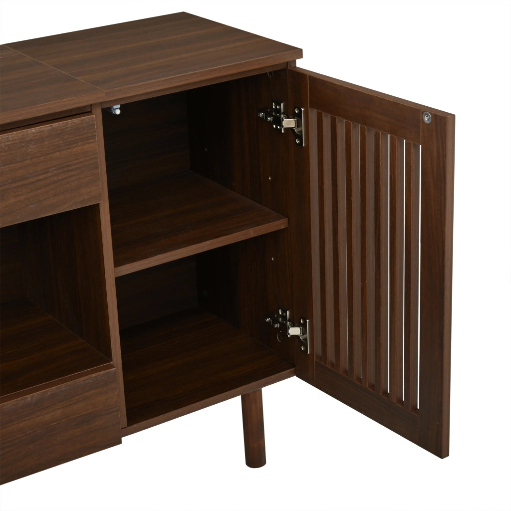 Credenza soggiorno color noce 140 x 35 x 71 cm con 4 cassetti e 2 ante a doghe; MDF e gambe in legno massello