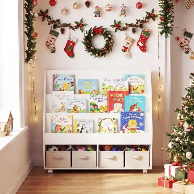 Libreria per bambini a doppio lato su ruote con lavagna e cubi aperti in MDF bianco salvaspazio 90 x 45,5 x 87 cm