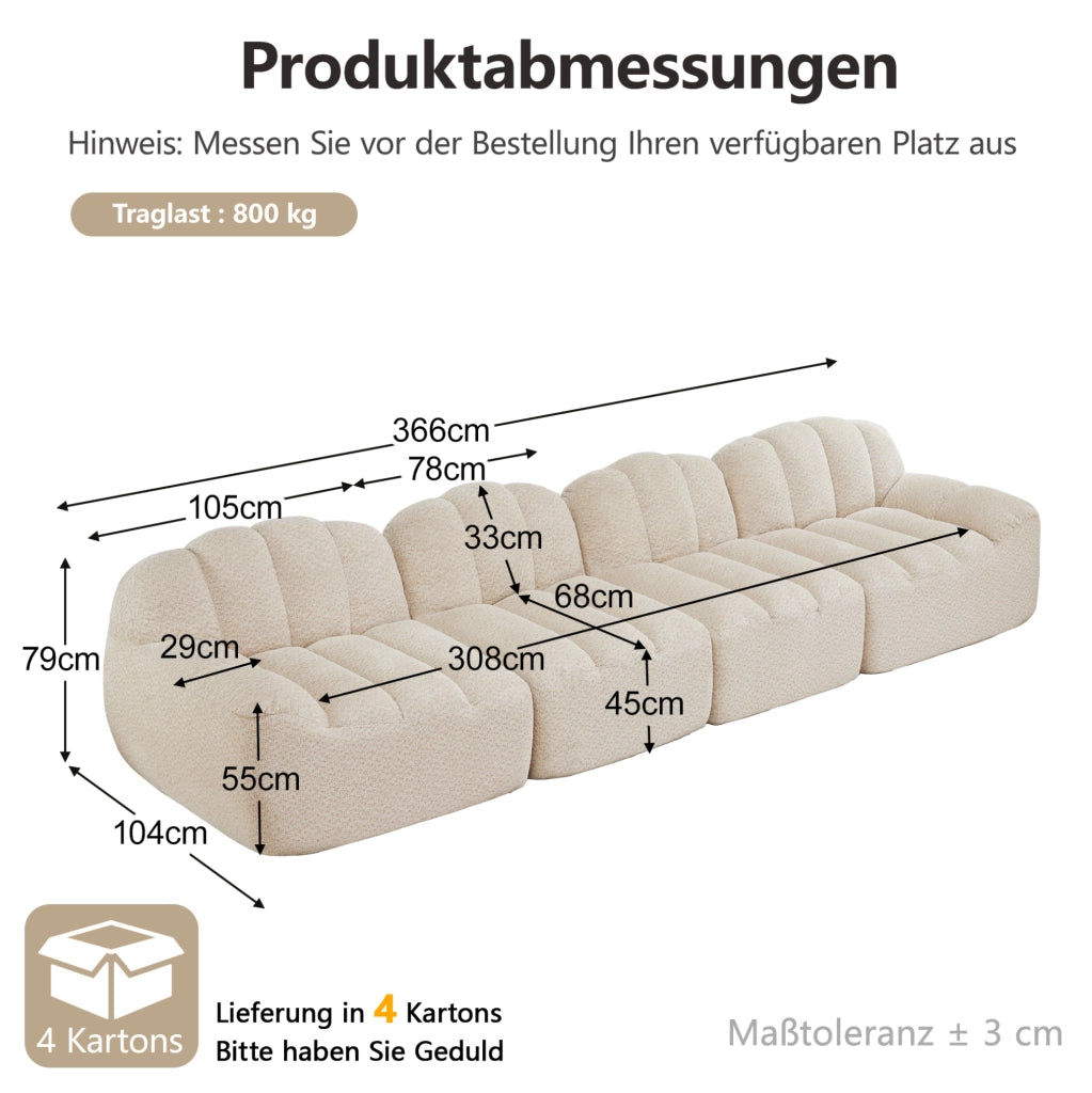 Divano modulare 4 posti a forma di conchiglia con schiuma ad alta densità 32D e tessuto beige bianco, ideale per soggiorno
