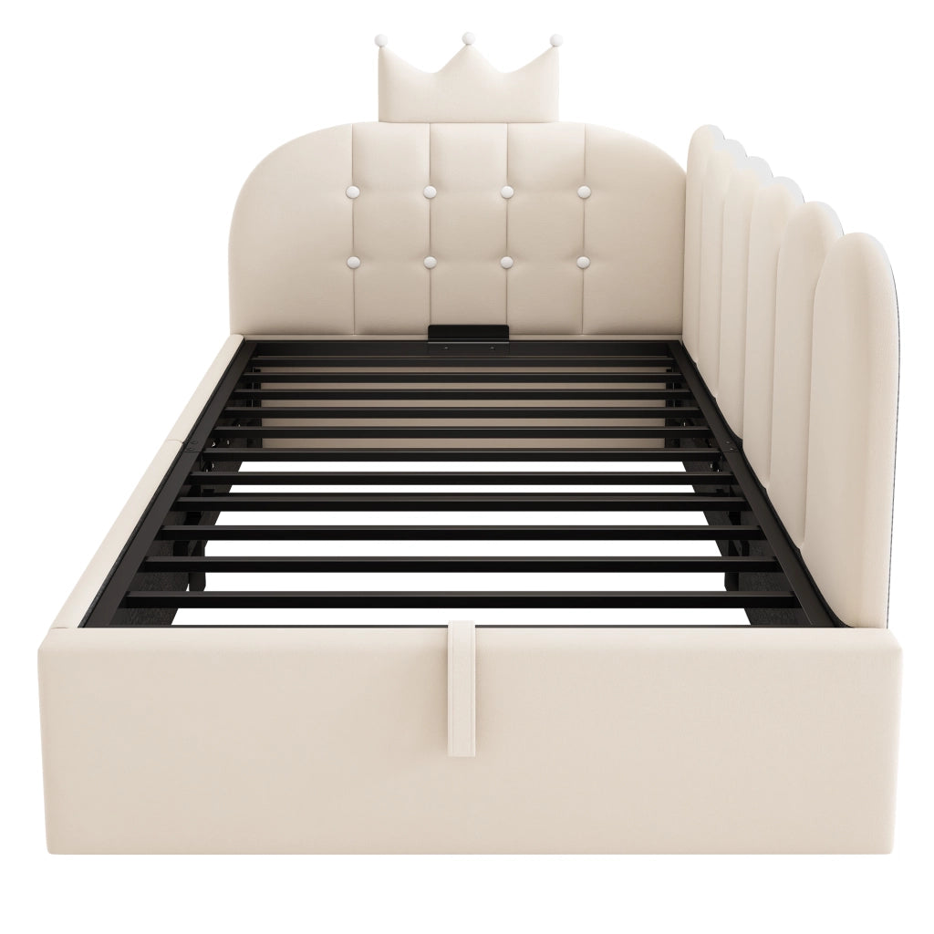 Letto da Giorno 90x190 cm in Velluto Beige con Contenitore Idraulico e Design a Corona