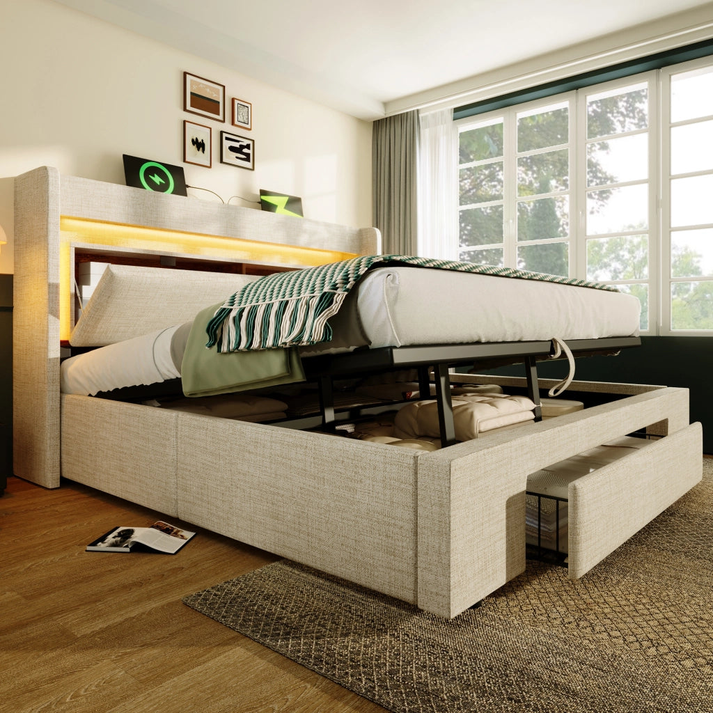 Letto contenitore 140 × 200 cm idraulico con testiera con vano; LED; USB e USB-C rete a doghe in lino beige