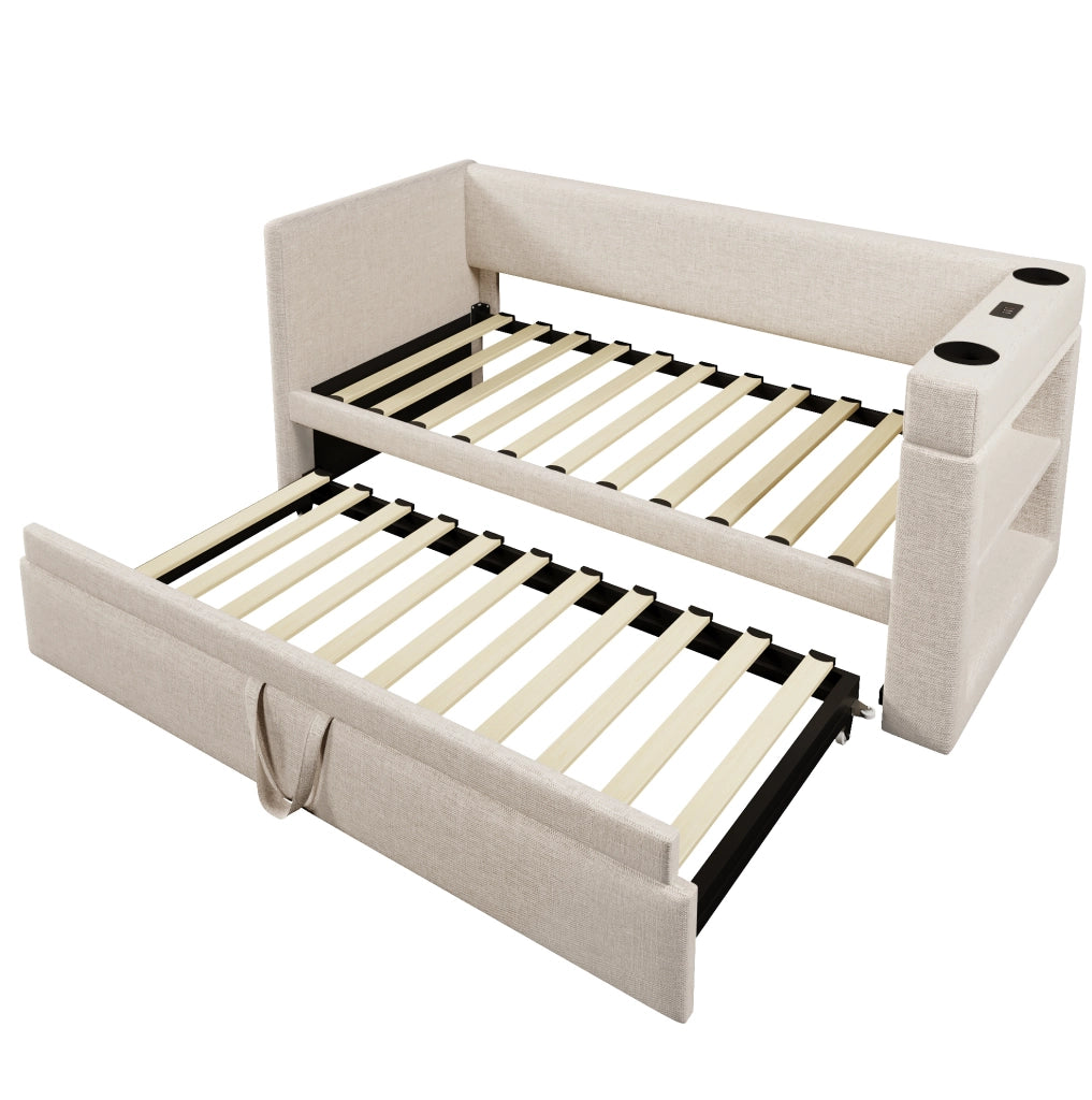 Divano letto 90x190 cm beige in misto cotone e lino, letto estraibile con ricarica USB