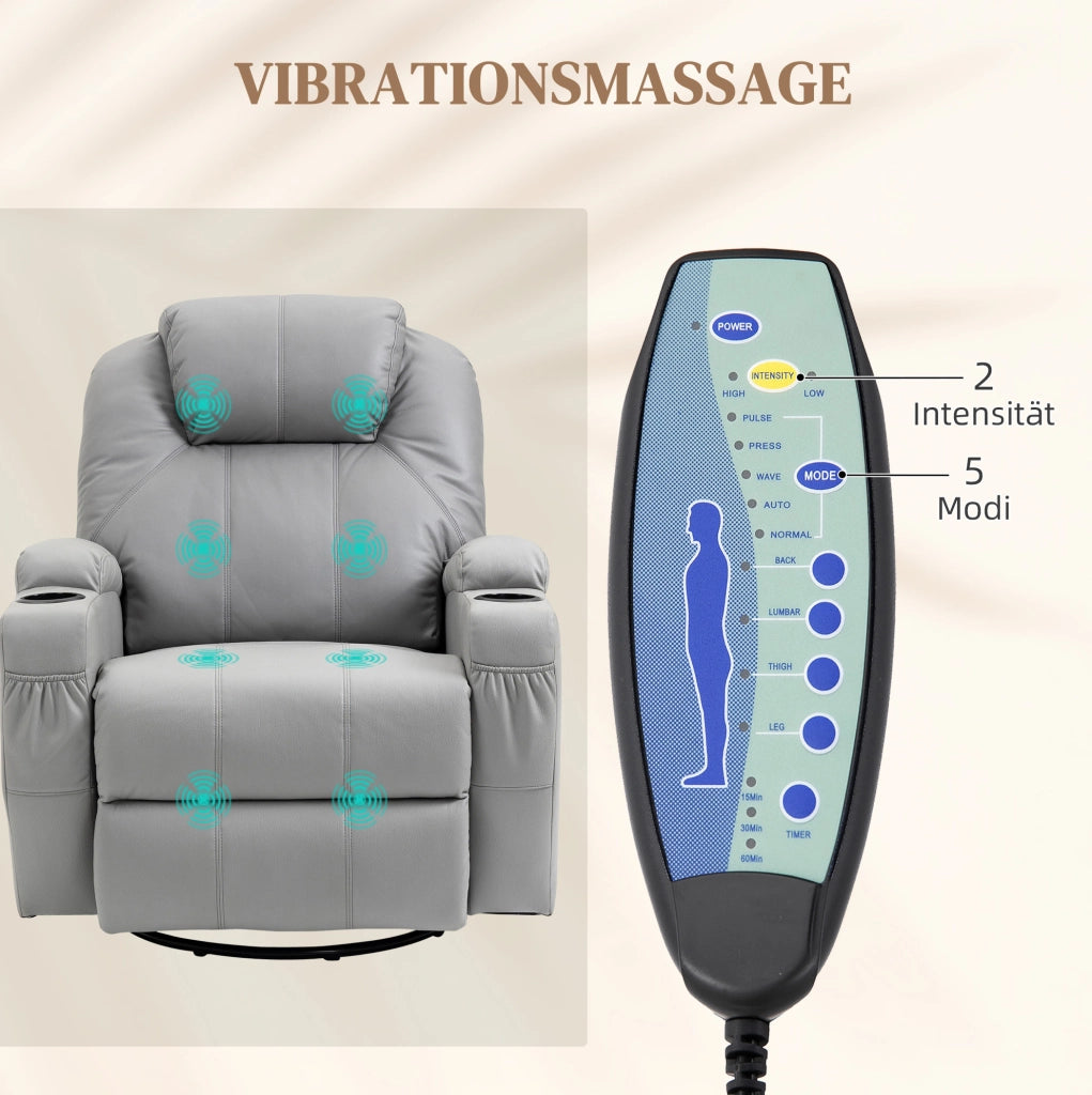 Poltrona Relax con Massaggio a 8 Punti Vibranti, 5 Modalità, Funzione Letto, Rivestimento in Pelle Sintetica Grigio Chiaro, Portata 150 kg