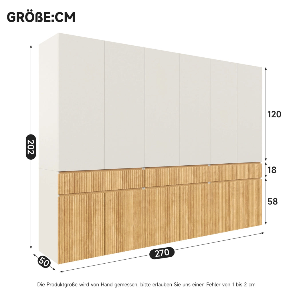 Armadio con ante battenti 270x50x200 cm, 12 porte, 3 appendiabiti e 3 cassetti, finitura quercia chiara