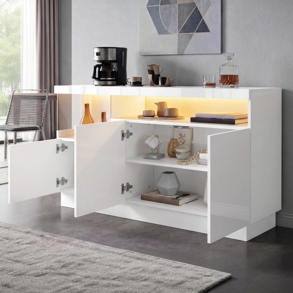 Madia con 3 ante frontali lucidi e vano espositivo in acrilico LED controllato tramite app bianco 140 × 36 × 80 cm