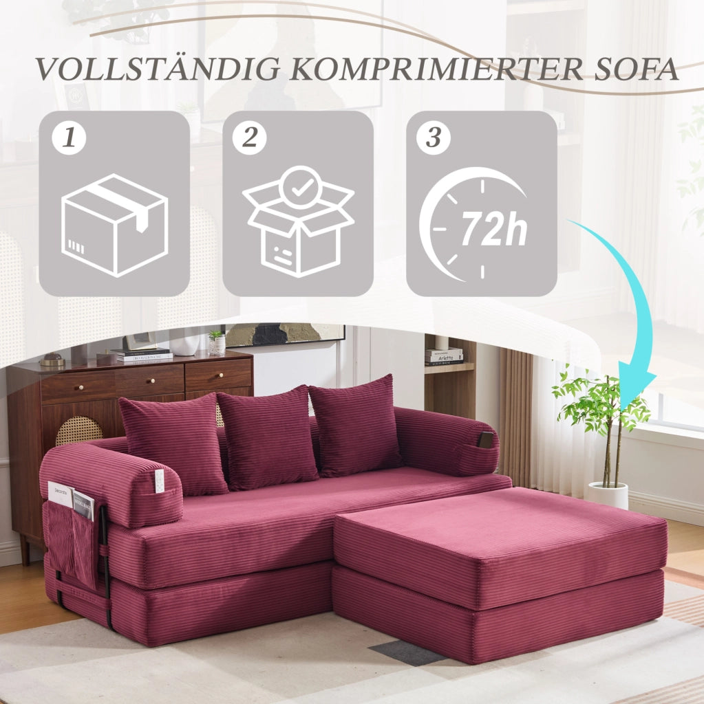 Divano modulare con pouf in velluto a coste; struttura in metallo e tasca laterale; rosso vino