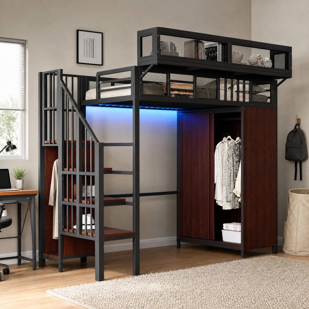 Letto a soppalco per bambini 90x200 cm con armadio; scala contenitore e LED; metallo e legno nero